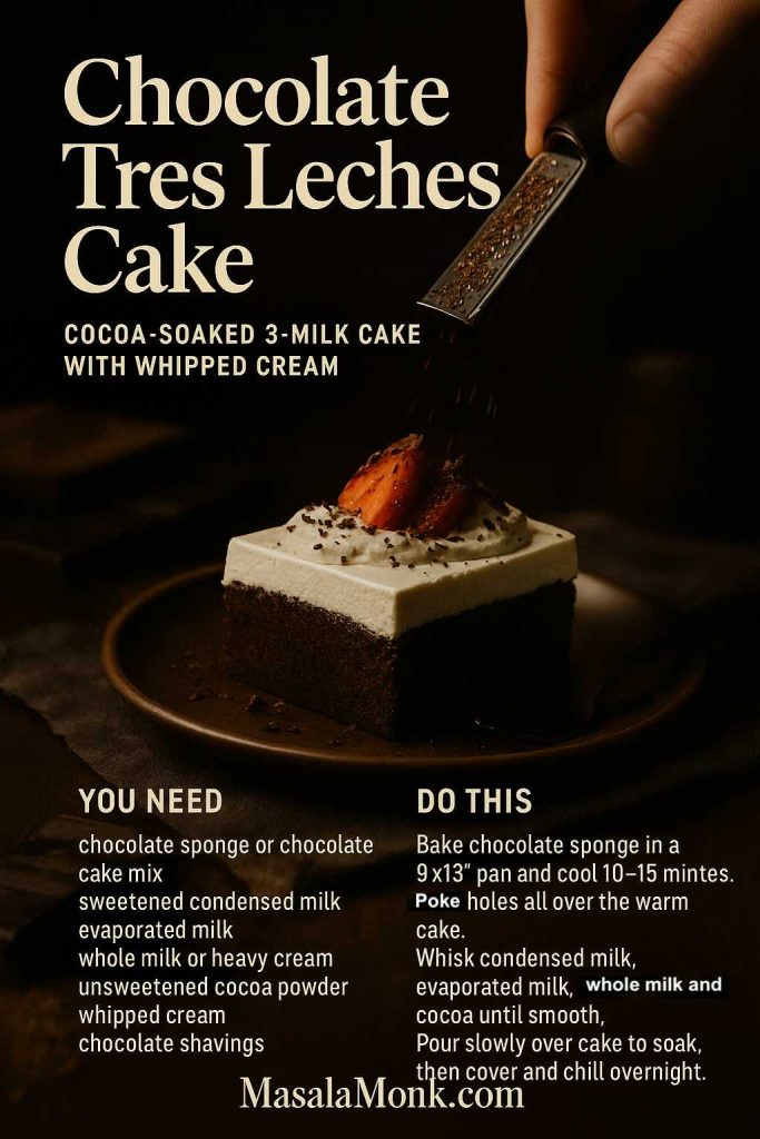 Recipe card for Chocolate Tres Leches Cake, showing a slice of cocoa-soaked three-milk sponge topped with whipped cream and strawberries while a hand grates chocolate over it, with ingredients and step-by-step instructions listed below