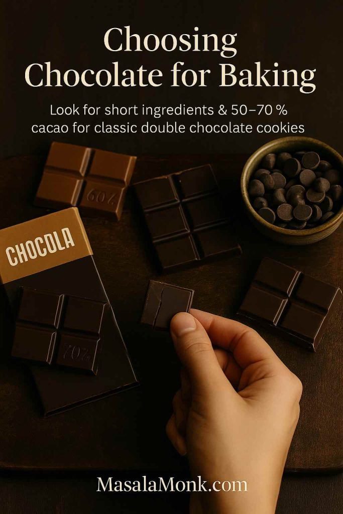 Hand holding a square of dark chocolate above several chocolate bars marked 60% and 70% cacao, with a small bowl of chocolate chips, illustrating how to choose chocolate for baking double chocolate chip cookies.