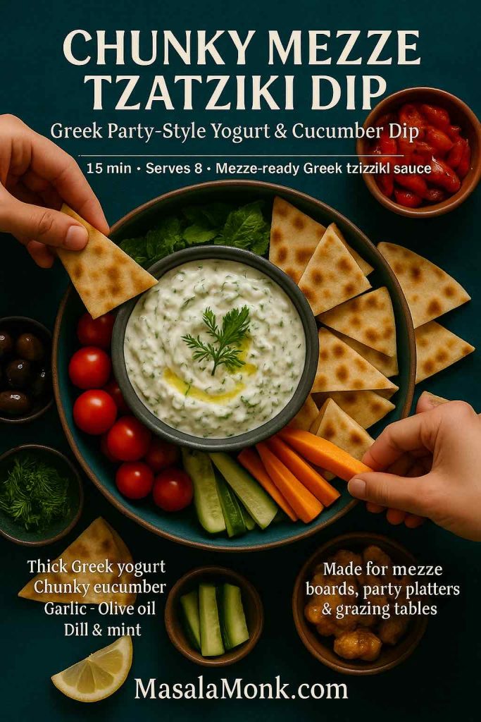 Top-down mezze platter with a large shallow bowl of chunky Greek tzatziki dip in the center, surrounded by pita wedges, olives, cherry tomatoes, grilled peppers, cucumber and carrot sticks, with several hands reaching in to scoop from the dip.