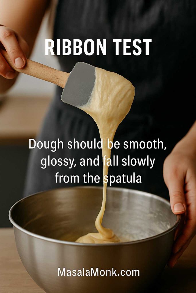 Hands performing the ribbon test, lifting glossy churro dough from a mixing bowl with a spatula so it falls in a slow V-shaped ribbon.