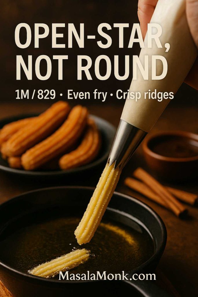 Close-up of a large open-star piping tip (1M/829) extruding churro dough into hot oil with plated churros and chocolate in the background.