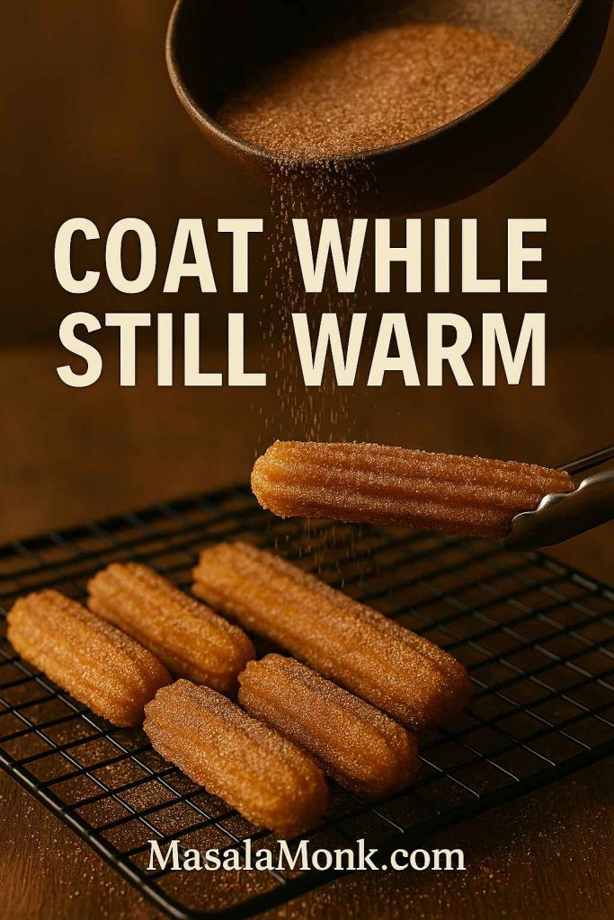 Fresh churros tossed in cinnamon sugar while warm on a rack.