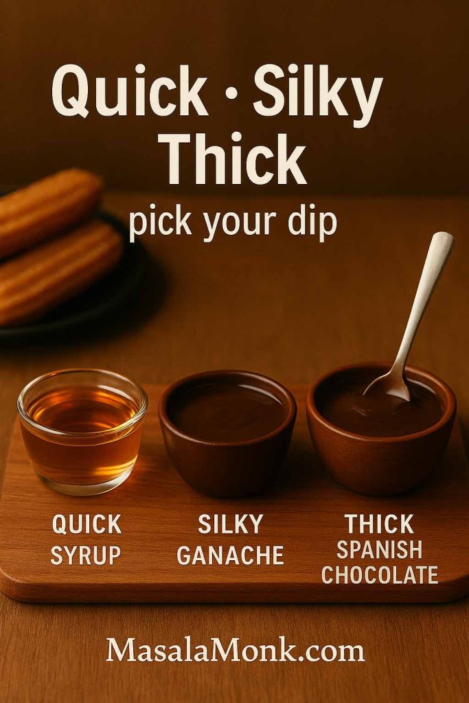 Three churro dips on a wooden board: quick syrup, silky ganache, and thick Spanish-style chocolate with a spoon.
