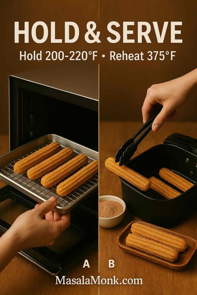 Split image showing churros held on a rack in a warm oven and reheated in an air fryer; “Hold 200–220°F, Reheat 375°F.”