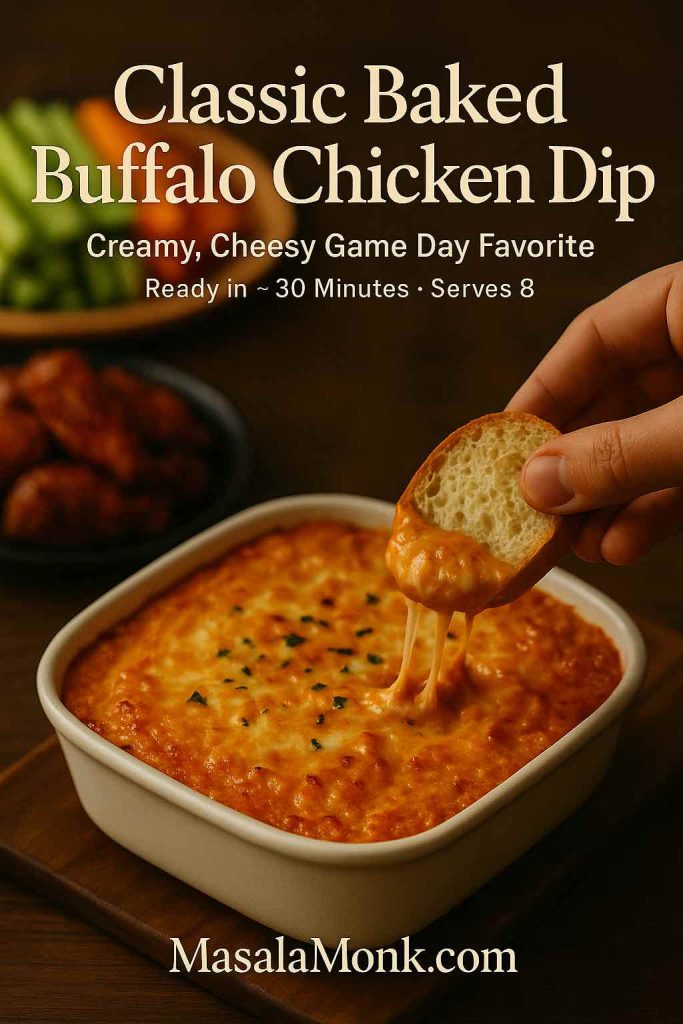 Hand dipping toasted bread into classic baked buffalo chicken dip with golden cheese crust, served with wings and veggie sticks