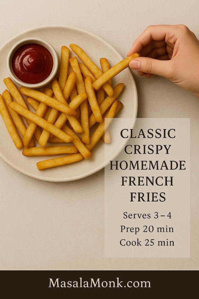 Recipe card showing classic crispy homemade French fries on a plate with ketchup and text for serves, prep time, and cook time.