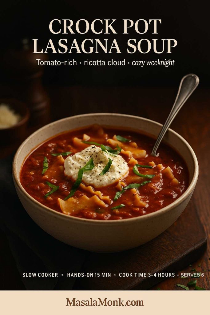 Slow-cooker lasagna soup in an ivory bowl with tomato-rich broth, ruffled noodles, and a ricotta dollop topped with basil and black pepper.