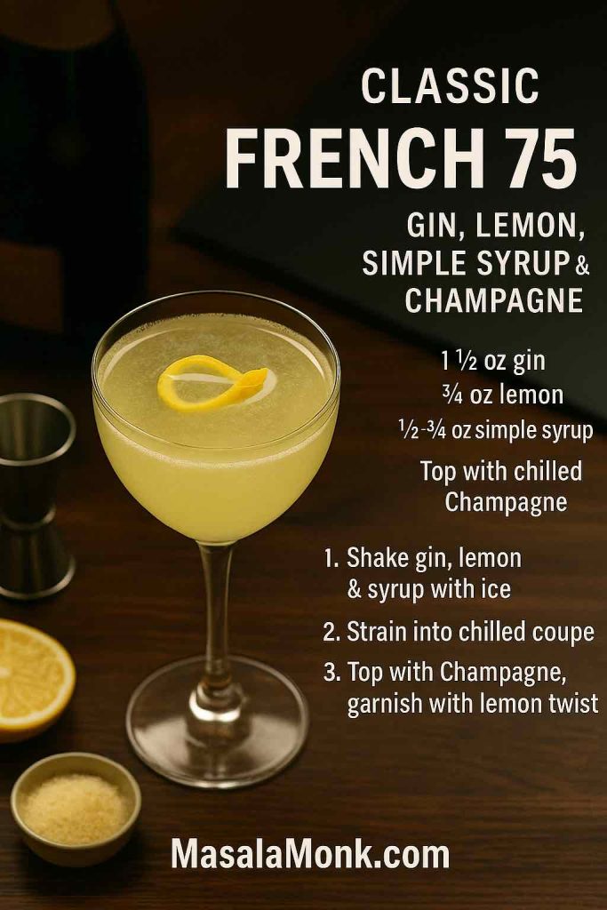 Classic French 75 cocktail recipe card showing a coupe glass with a lemon-twist garnish on a wooden bar, surrounded by lemon, sugar and jigger, with text listing gin, lemon, simple syrup, Champagne and three simple preparation steps.