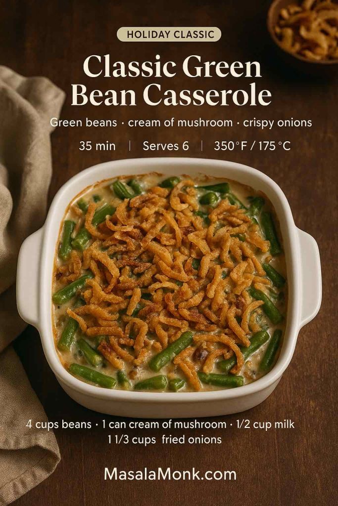 Classic green bean casserole in a white baking dish topped with golden crispy onions, with text overlay showing cook time, servings, temperature and MasalaMonk.com branding.