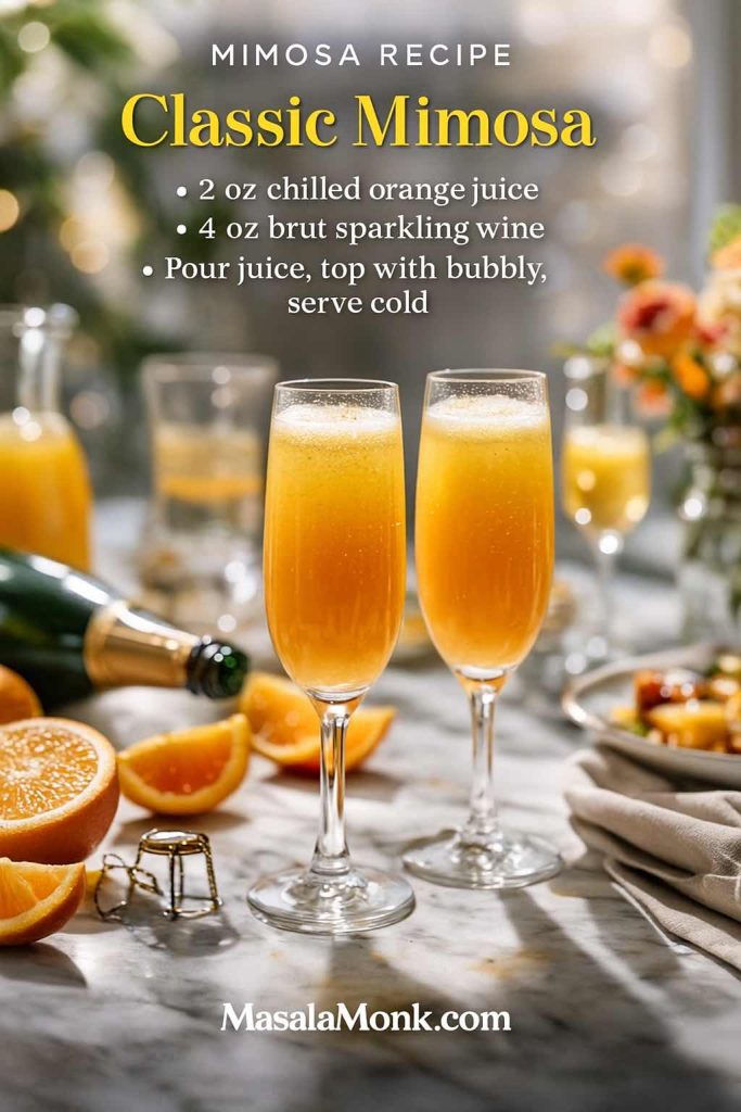 Classic mimosa recipe card with two champagne flutes of orange juice and brut sparkling wine on a vibrant brunch table, MasalaMonk.com branding.