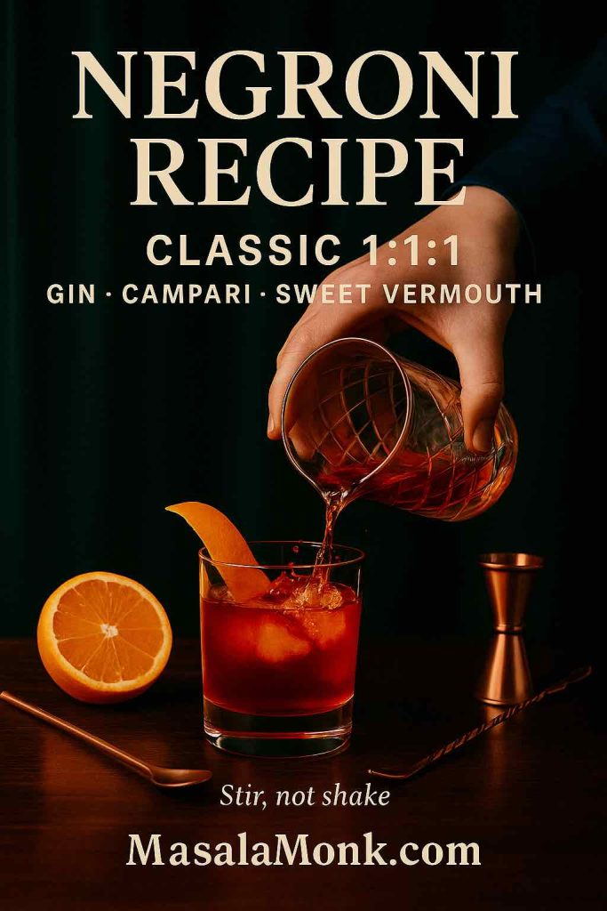 Classic Negroni recipe card with 1:1:1 ratio—gin, Campari, sweet vermouth—being poured over ice with orange peel, copper jigger, and bar spoon.