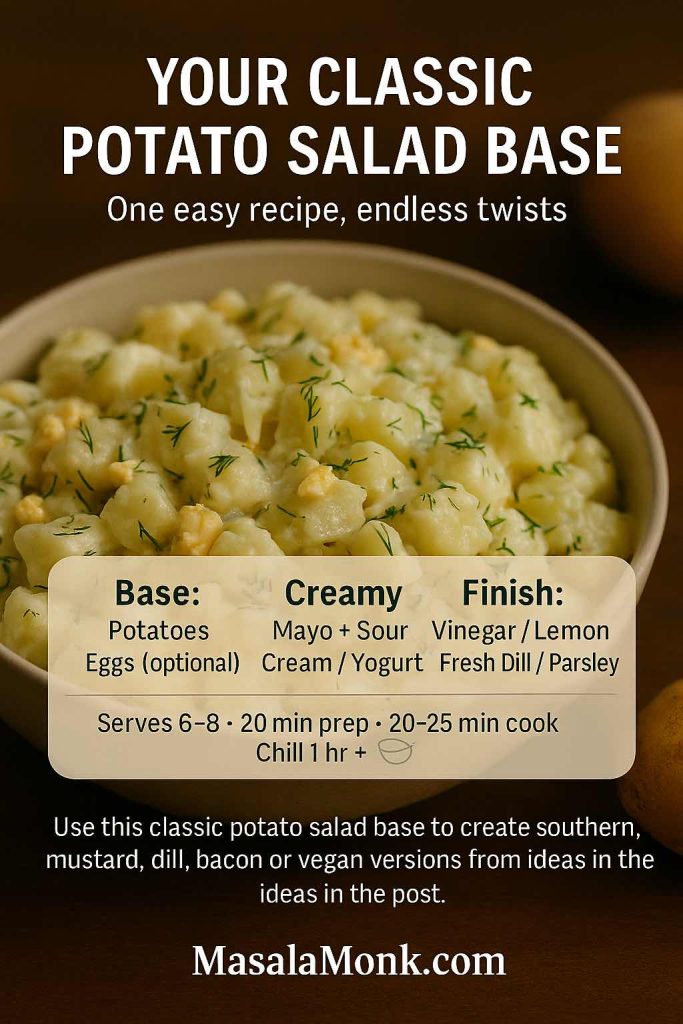 Recipe card showing a bowl of classic creamy potato salad with dill, plus a simple breakdown of base, creamy and finishing ingredients and timings for an easy potato salad base recipe.