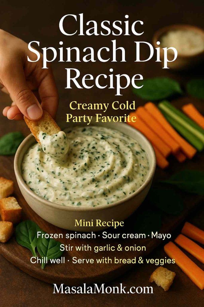 Classic spinach dip in a ceramic bowl with a hand dipping crusty bread, surrounded by carrot and cucumber sticks on a wooden board, with mini recipe text overlay.