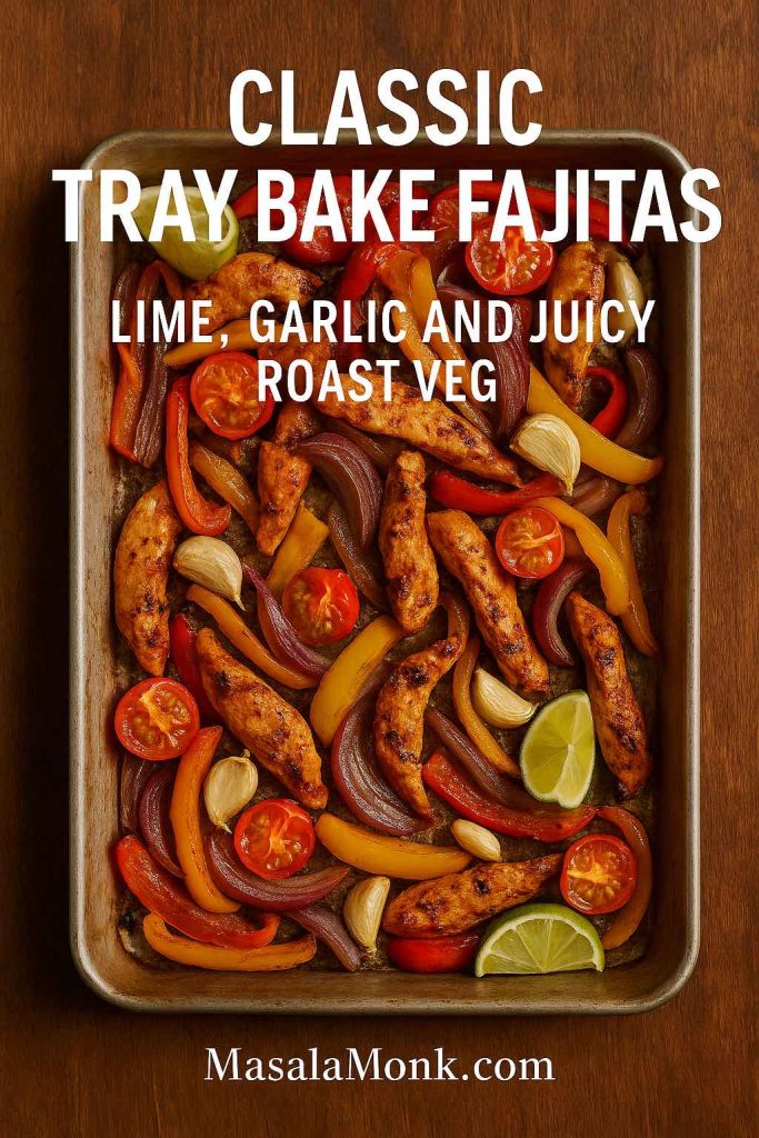 Classic tray bake sheet pan chicken fajitas with roasted chicken strips, bell peppers, onions, blistered cherry tomatoes, garlic cloves and lime wedges on a metal pan.