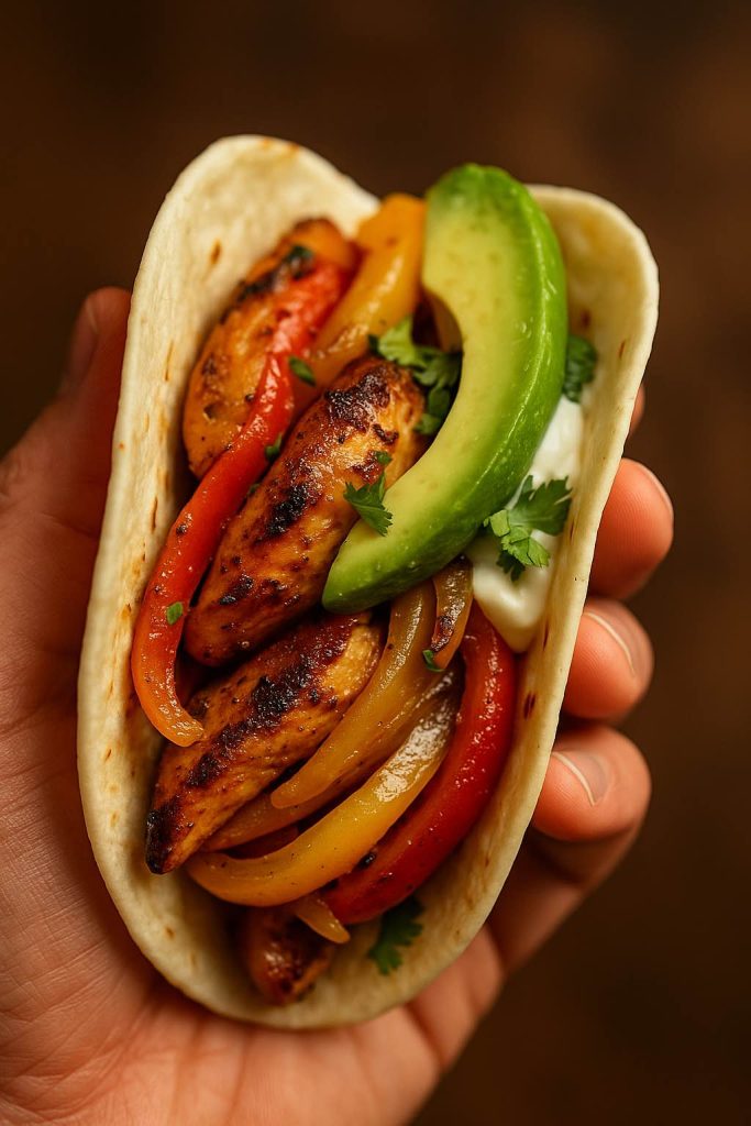 Close-up of a chicken fajita held in one hand, filled with charred chicken strips, red and yellow peppers, avocado slice, cilantro and a dollop of white sauce in a soft tortilla.