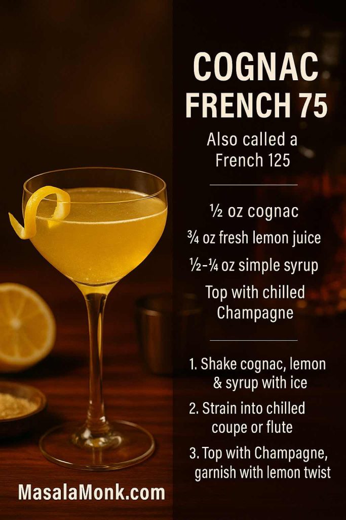 Recipe card for a Cognac French 75, also called a French 125, showing a golden cocktail in a coupe glass with lemon twist on a dark wooden bar, plus text listing cognac, lemon, simple syrup, Champagne and three simple preparation steps.