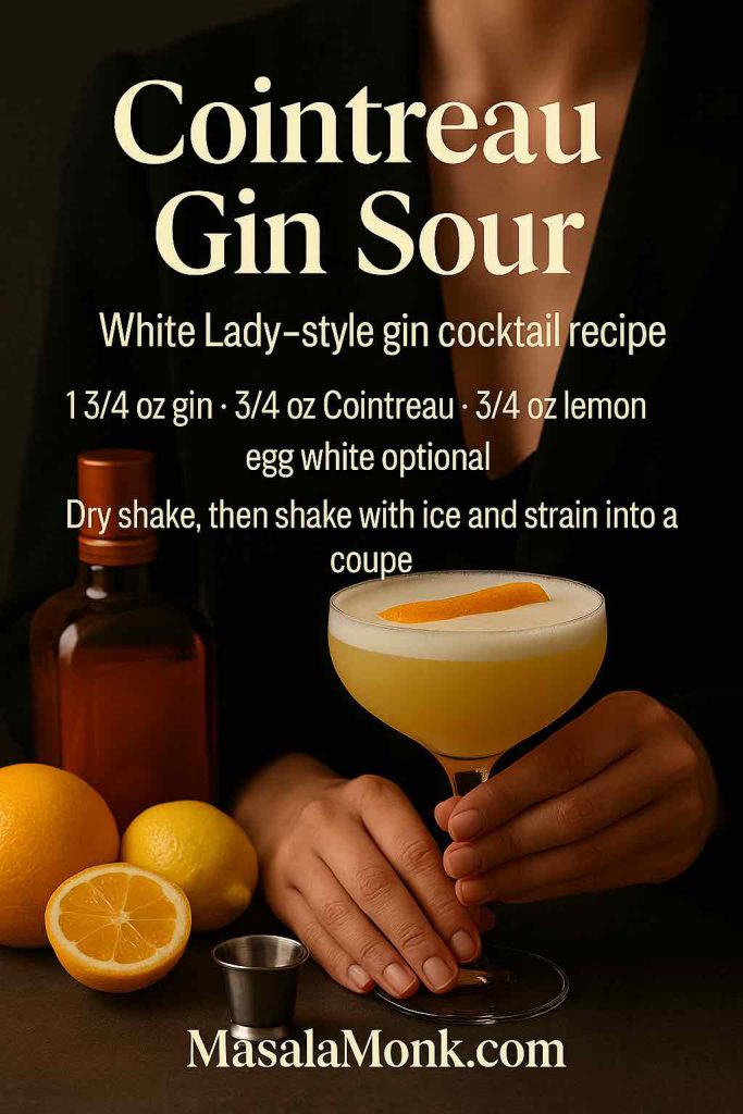 Cointreau Gin Sour cocktail in a coupe glass with a foamy top and orange peel garnish, held by a person in a black blazer, with lemons, an orange liqueur bottle and a jigger on a dark bar, plus mini gin cocktail recipe text and MasalaMonk.com branding