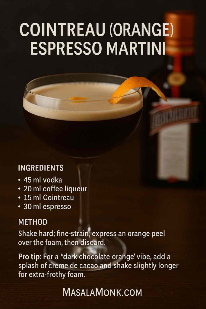 Recipe card: Cointreau Orange Espresso Martini—45 ml vodka, 20 ml coffee liqueur, 15 ml Cointreau, 30 ml espresso; shake, express orange peel.