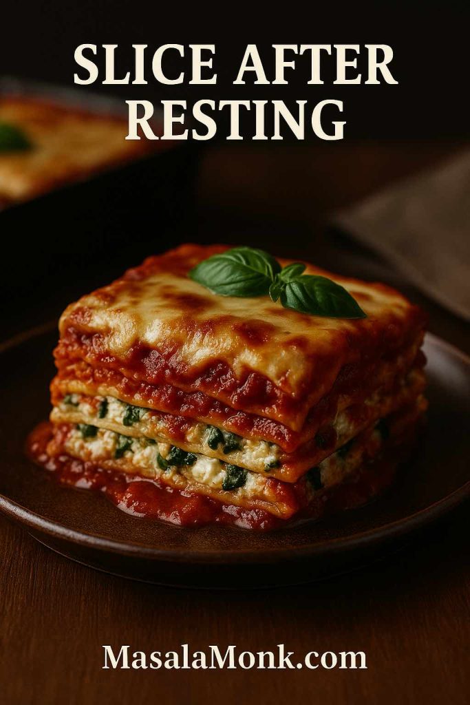 Clean, layered slice of cottage cheese lasagna on a plate with basil after resting, steam faintly rising.