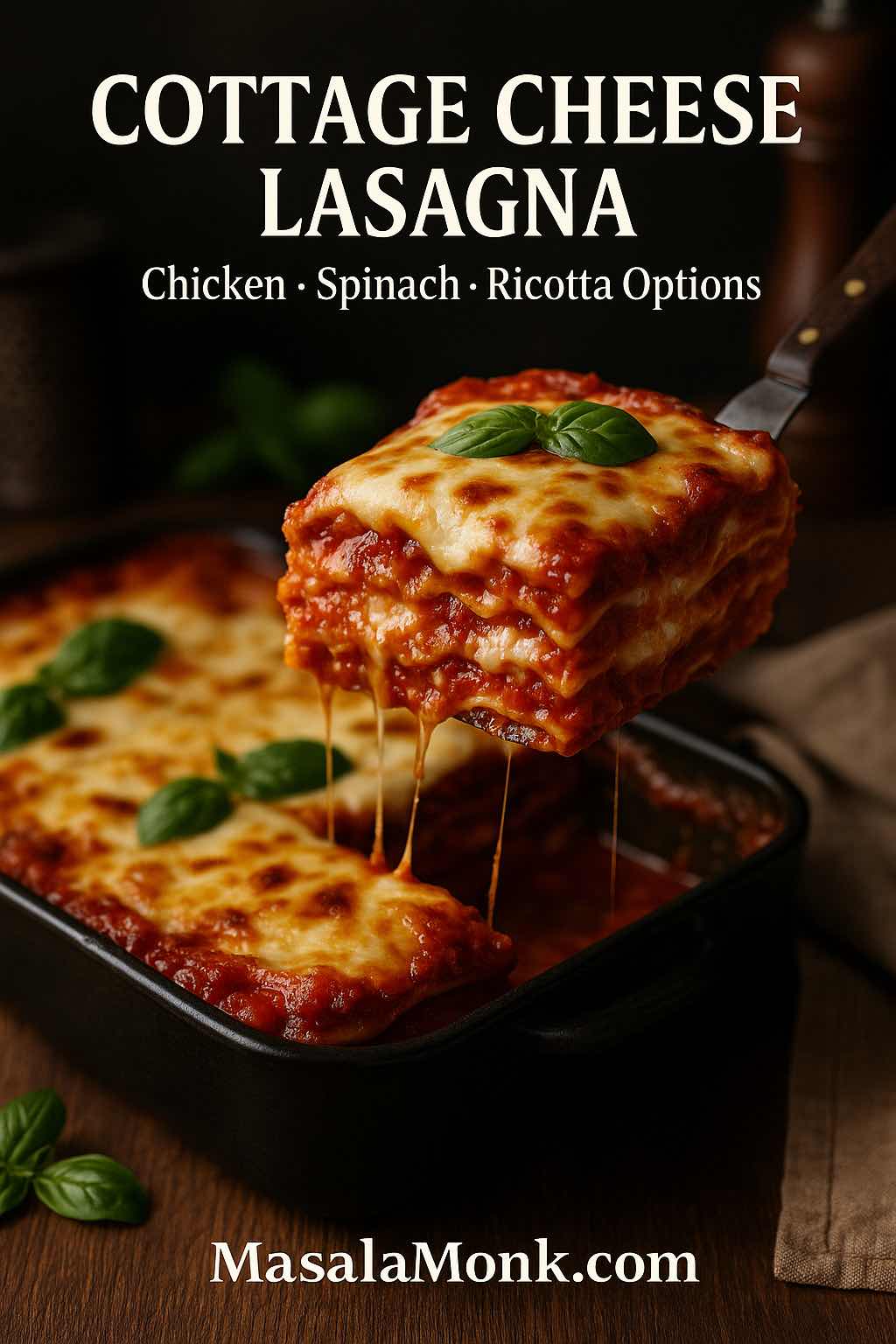 Cottage cheese lasagna slice lifted from a pan, gooey cheese stretch, basil on top—portrait cover with chicken, spinach, and ricotta options.