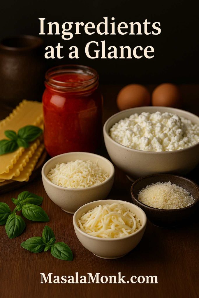 Creamy cottage cheese, mozzarella, parmesan, eggs, lasagna sheets and a jar of marinara arranged for cottage cheese lasagna.