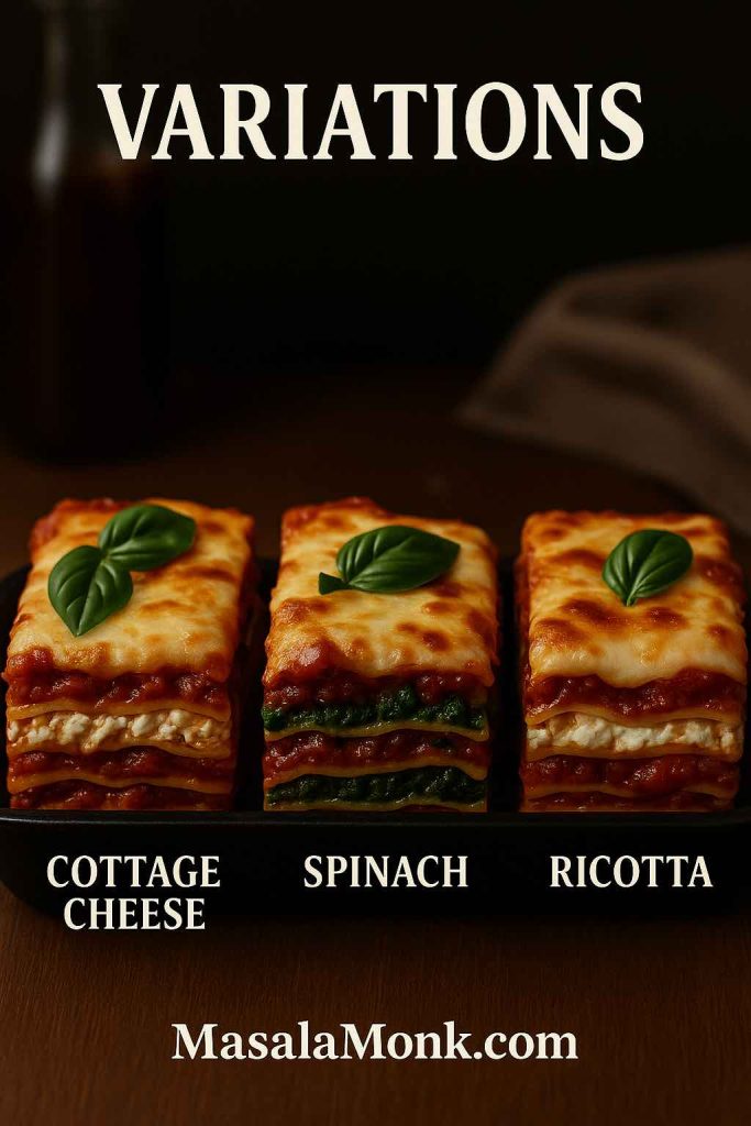 Three neat lasagna slices labeled cottage cheese, spinach, and ricotta, each topped with golden cheese and basil.
