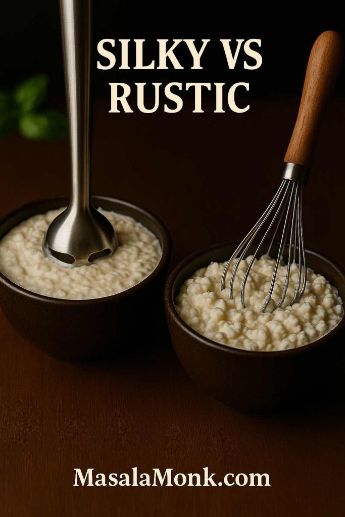 Two bowls of cottage cheese filling: one blended silky with an immersion blender, one whisked with visible curds.
