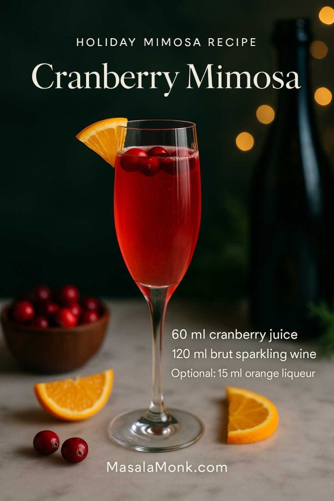 Cranberry mimosa recipe card with a festive pink Champagne flute cocktail made from 60 ml cranberry juice, 120 ml brut sparkling wine and an optional 15 ml orange liqueur, garnished with cranberries and orange on a holiday-style table, MasalaMonk.com branding.