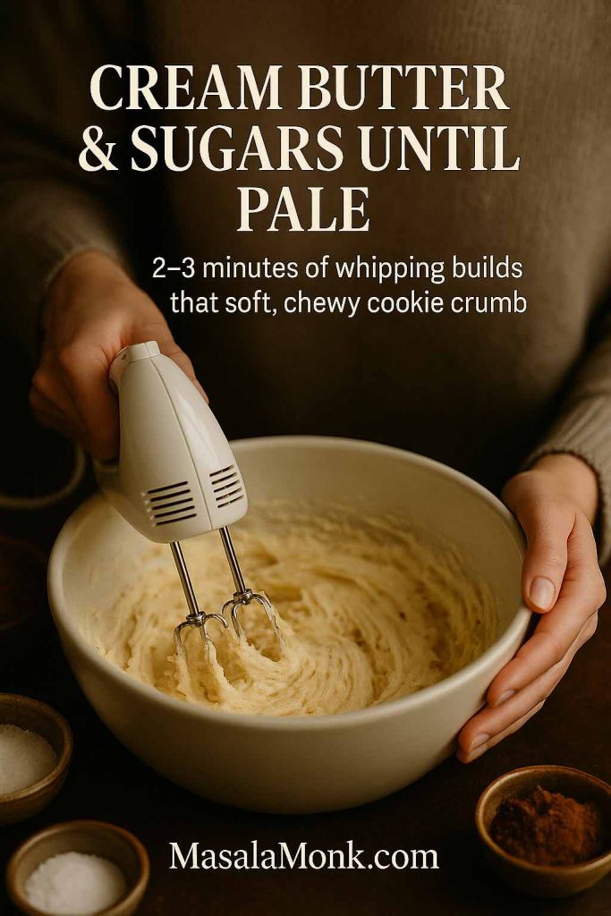 Person holding a hand mixer over a large bowl of pale, fluffy creamed butter and sugars, with small bowls of ingredients around, illustrating the first step in making soft, chewy double chocolate chip cookies.