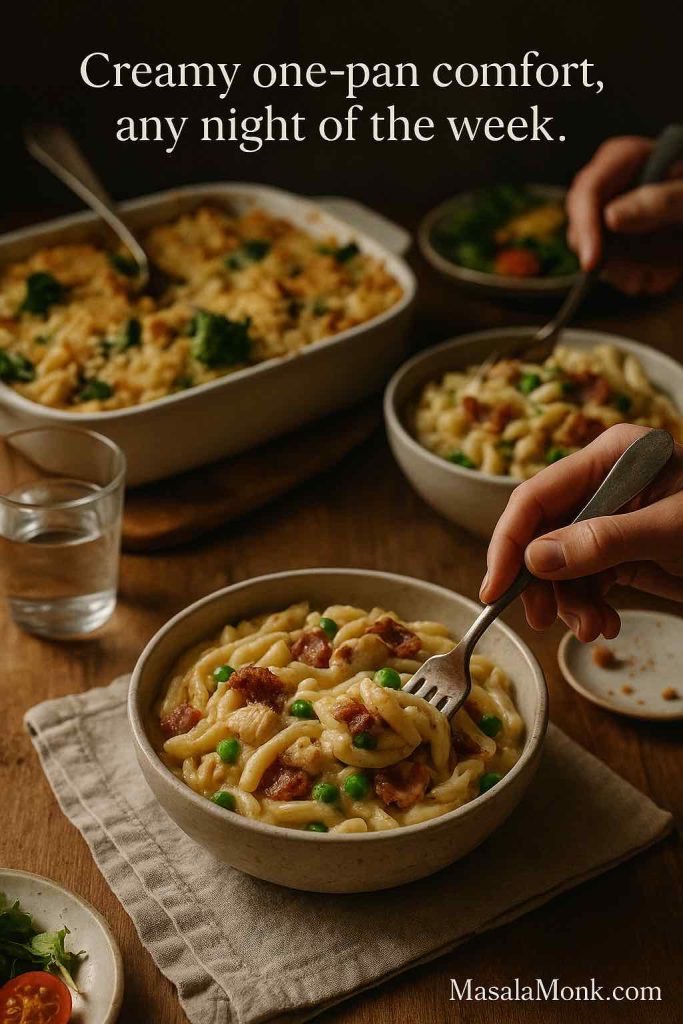 A cozy dinner scene with a hand twirling a forkful of creamy chicken bacon ranch pasta with peas in the foreground, and a cheesy baked chicken bacon ranch casserole in the background on a wooden table.