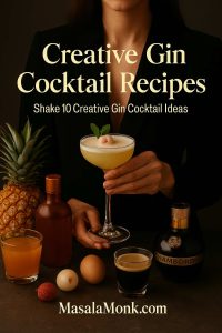 Woman in a black blazer holding a frothy gin cocktail garnished with lychee and mint, surrounded by pineapple, Chambord, egg and espresso on a dark bar, with the text "Creative Gin Cocktail Recipes – Shake 10 Creative Gin Cocktail Ideas" for MasalaMonk.com