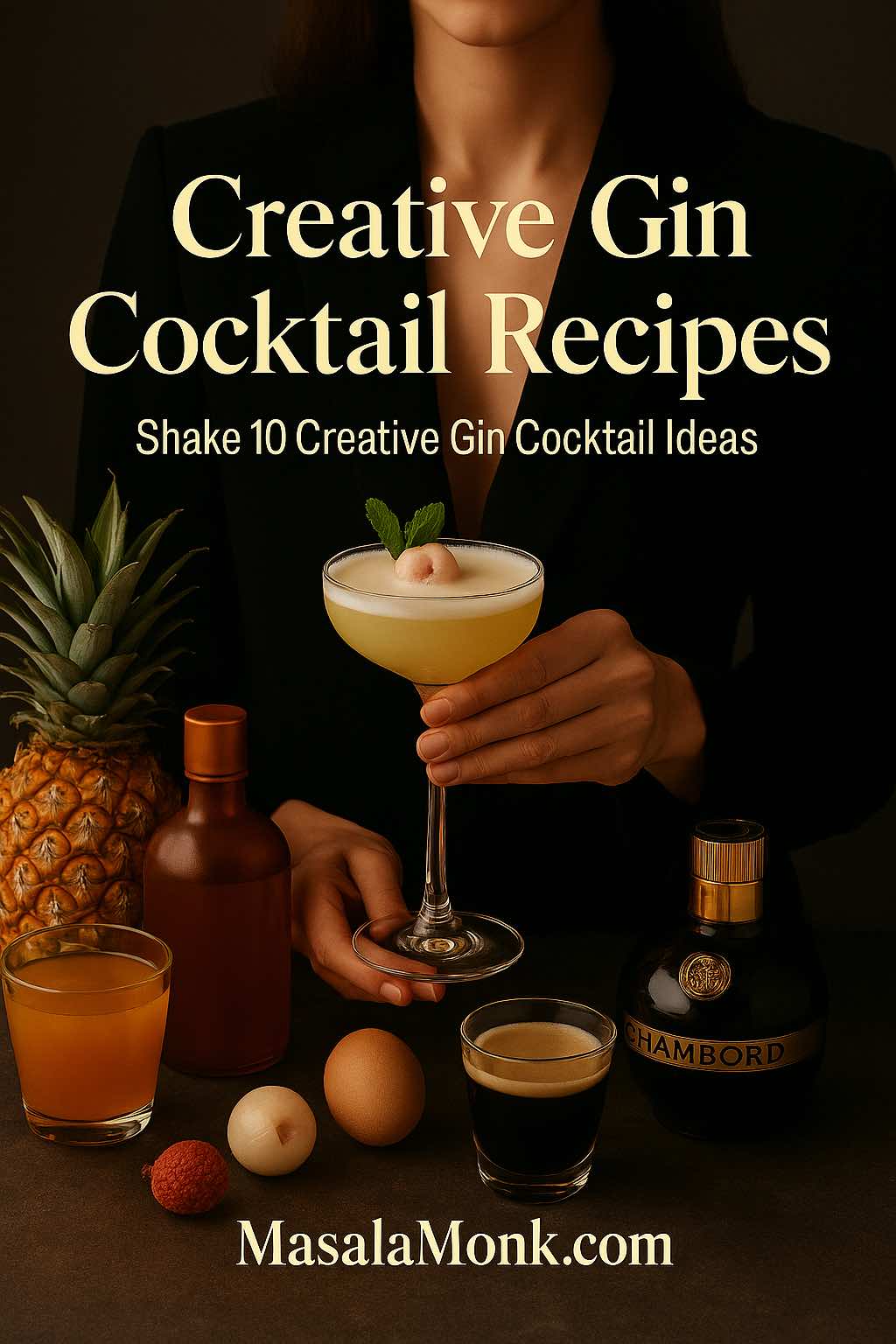 Woman in a black blazer holding a frothy gin cocktail garnished with lychee and mint, surrounded by pineapple, Chambord, egg and espresso on a dark bar, with the text "Creative Gin Cocktail Recipes – Shake 10 Creative Gin Cocktail Ideas" for MasalaMonk.com