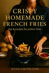 Woman frying crispy homemade French fries in a pan on the stove, lifting golden fries from hot oil for a MasalaMonk recipe guide.