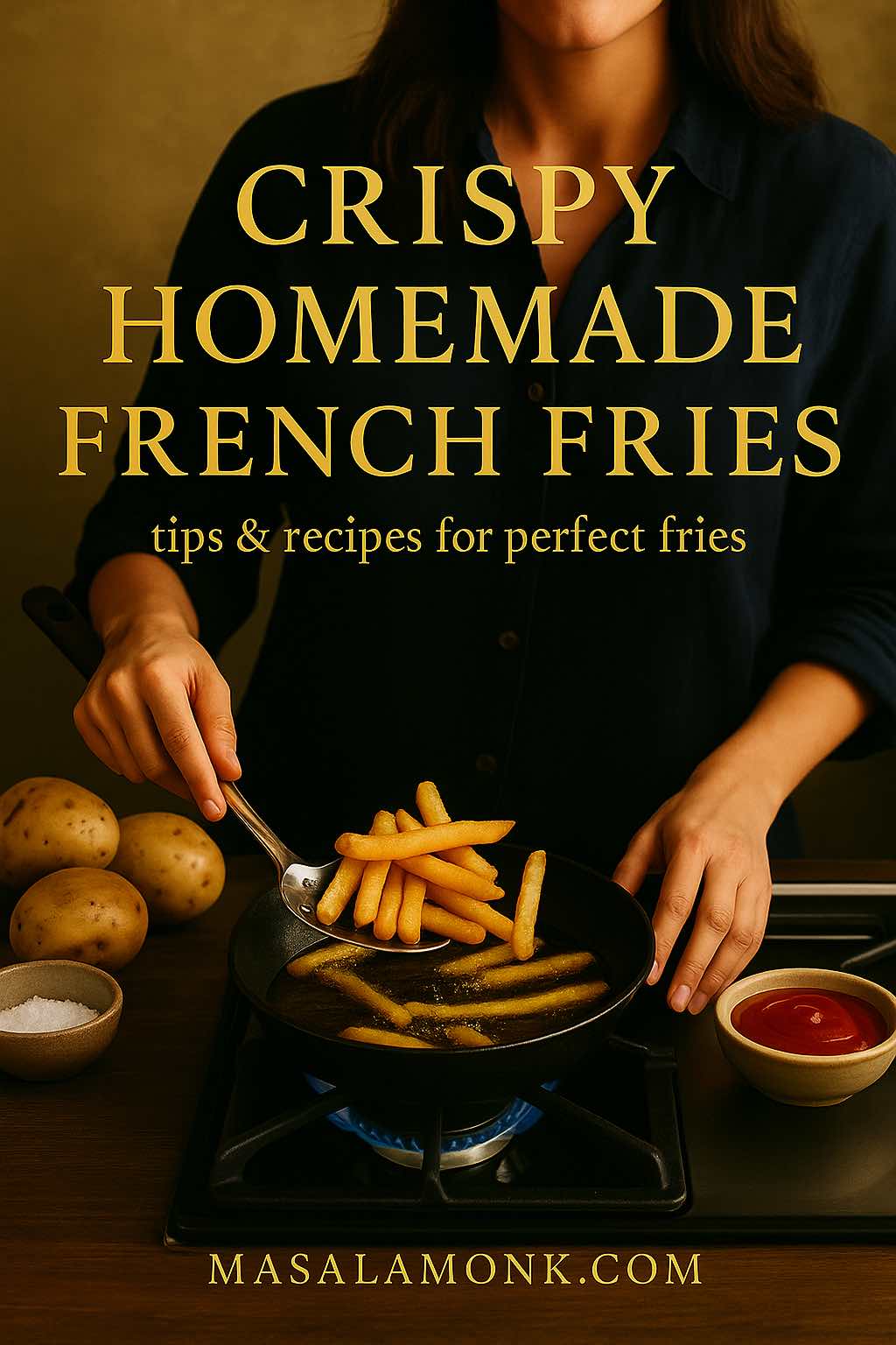 Woman frying crispy homemade French fries in a pan on the stove, lifting golden fries from hot oil for a MasalaMonk recipe guide.