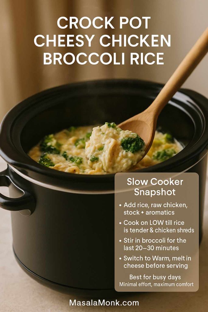 Crock pot full of cheesy chicken broccoli rice being stirred with a wooden spoon, creamy rice with chicken and broccoli visible, with text overlay explaining slow cooker steps and benefits for busy days.