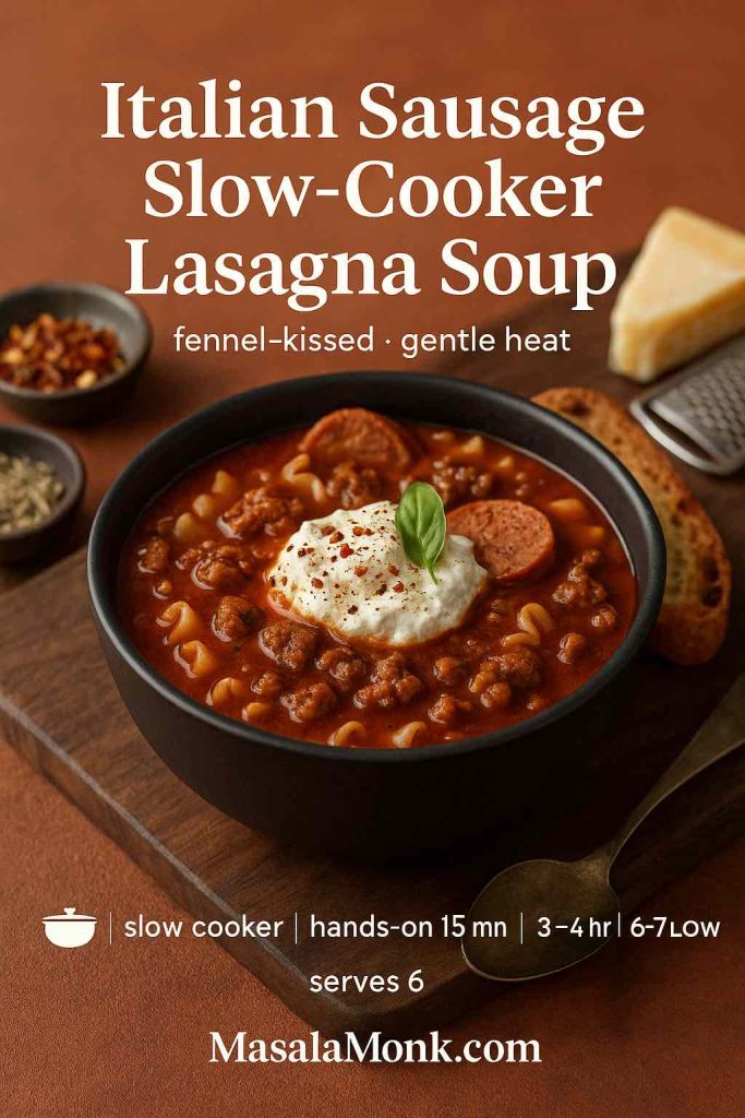 Charcoal bowl of Italian-sausage lasagna soup—tomato broth, ruffled noodles, sausage coins, ricotta with chili flakes; fennel and parmesan props.