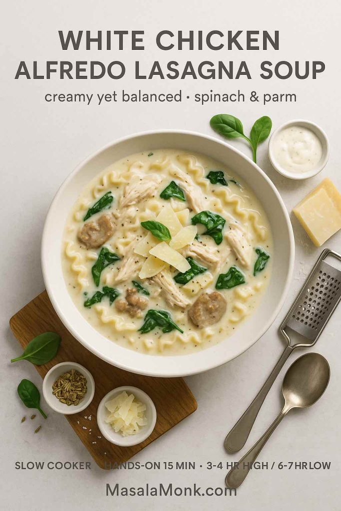Creamy white chicken Alfredo lasagna soup in a white coupe bowl with shredded chicken, wilted spinach, ruffled noodles, and parmesan curls.