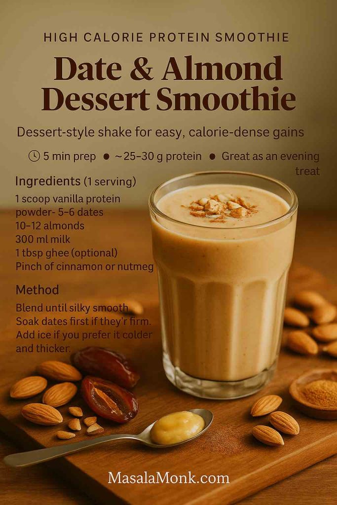 Date and Almond Dessert Smoothie high calorie protein smoothie recipe card with a creamy tan shake in a glass, surrounded by dates, almonds and a spoon of ghee on a wooden board, from MasalaMonk.com