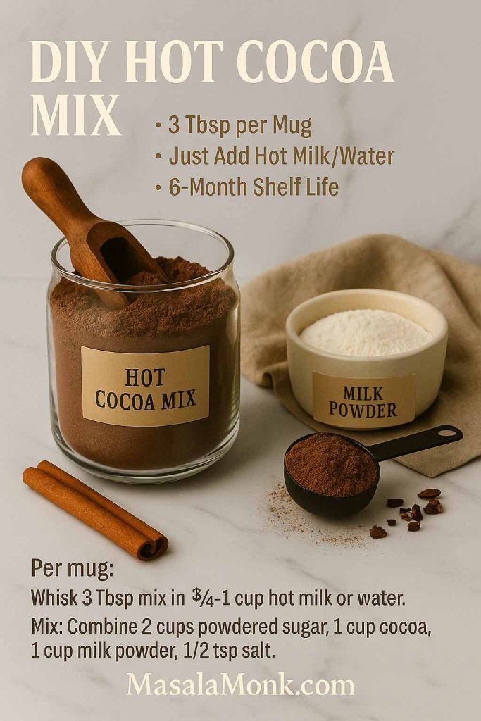 DIY hot cocoa mix recipe card on white marble: glass jar labeled “Hot Cocoa Mix” with wooden scoop, bowl of milk powder, black tablespoon of cocoa, and cinnamon sticks; instructions show 3 Tbsp mix per 3/4–1 cup hot milk or water.