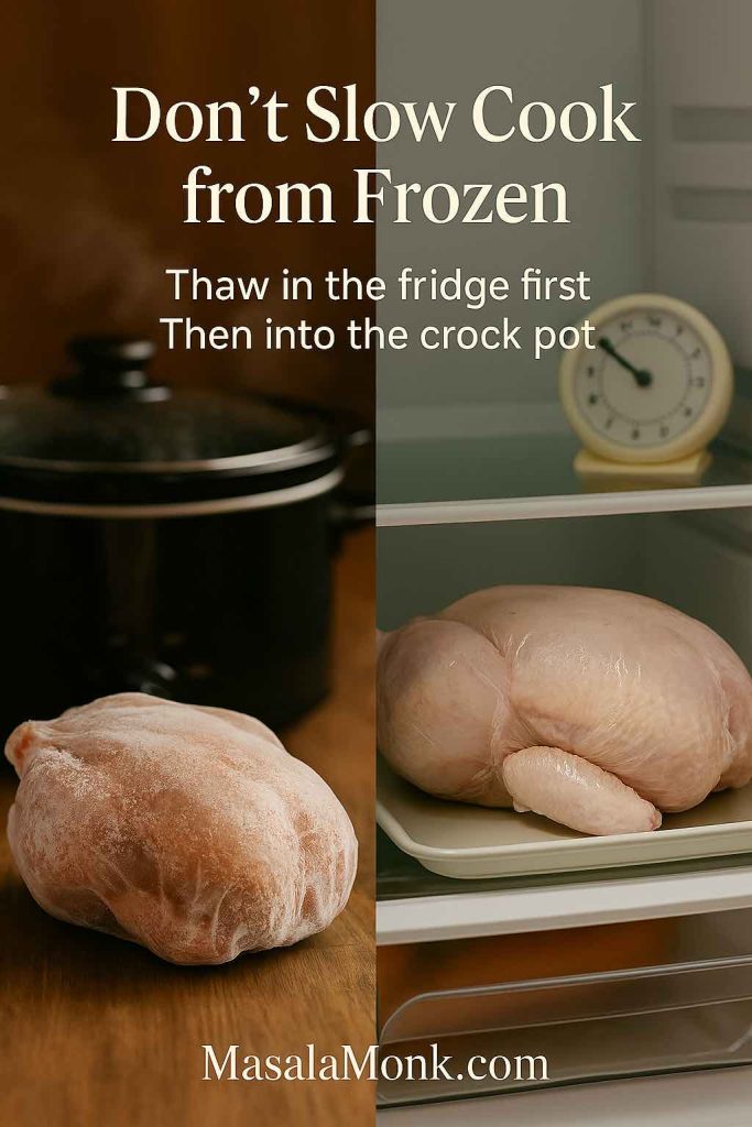 Split image showing a frozen whole chicken on the counter next to a slow cooker on one side and the same chicken thawing on a tray in the fridge with a timer on the other side, explaining that you should thaw chicken before cooking it in a crock pot.