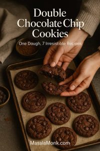 Hands breaking a warm double chocolate chip cookie over a tray of cookies, with text reading Double Chocolate Chip Cookies – One Dough, 7 Irresistible Recipes.