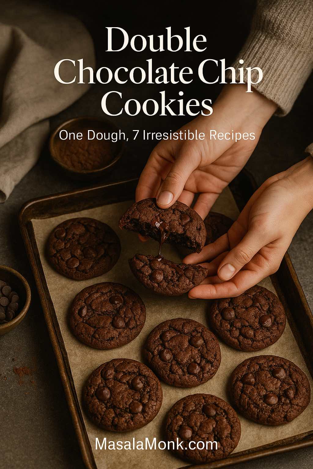 Hands breaking a warm double chocolate chip cookie over a tray of cookies, with text reading Double Chocolate Chip Cookies – One Dough, 7 Irresistible Recipes.