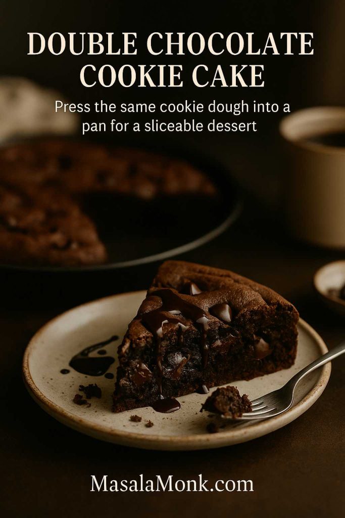 Slice of double chocolate cookie cake with gooey chocolate drizzle on a ceramic plate, with the rest of the cookie cake blurred in the background and text explaining it is made from the same cookie dough