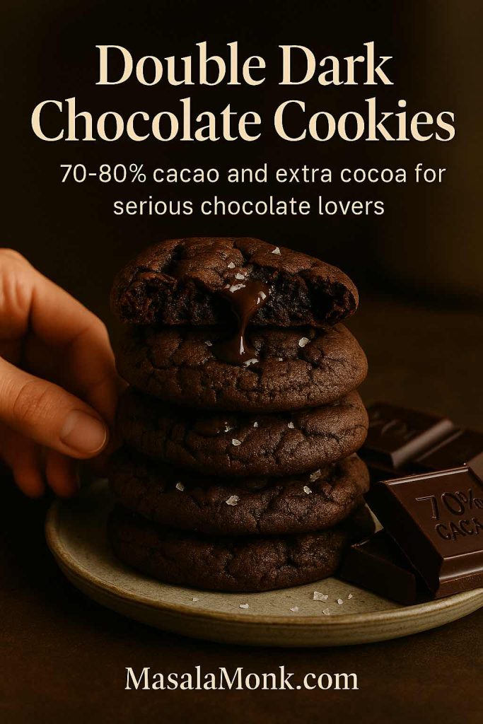 Stack of double dark chocolate cookies topped with flaky salt, with a broken cookie oozing melted dark chocolate and 70% cacao chocolate bars beside it, showing the richer variation of the recipe.