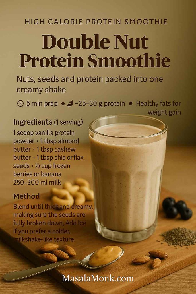 Double Nut Protein Smoothie high calorie protein smoothie recipe card showing a creamy nut-based shake in a glass with almonds, cashews, chia seeds and nut butter on a wooden board, from MasalaMonk.com