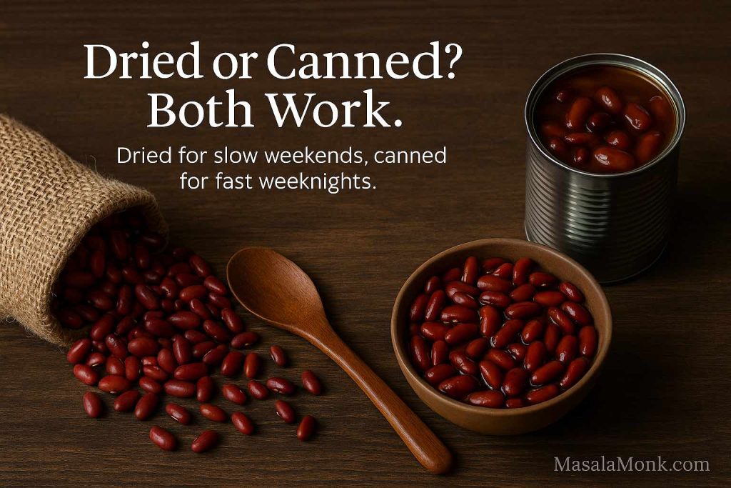 Burlap sack spilling dried red beans next to a bowl and an open can of cooked red beans on a wooden table, comparing dried and canned beans for red beans and rice.
