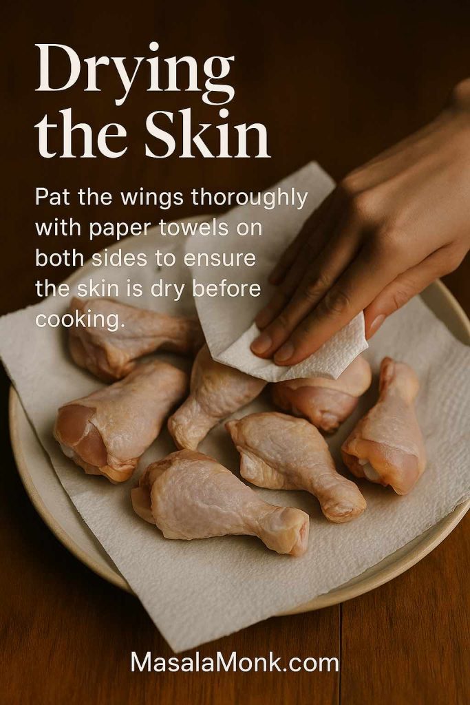 Portrait image of chicken wings on a plate lined with paper towels while a hand pats them dry, with text overlay titled Drying the Skin.