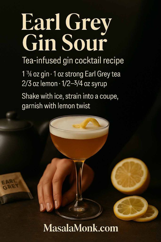 Earl Grey Gin Sour cocktail in a coupe glass with frothy top and lemon twist, bartender’s hand on a dark bar beside lemon slices, teapot and Earl Grey tea bag, with mini tea-infused gin cocktail recipe text and MasalaMonk.com branding