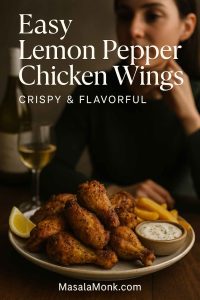Easy lemon pepper chicken wings on a plate with fries and creamy dip, glass of white wine and a woman in the background, styled like a premium magazine cover with the title Easy Lemon Pepper Chicken Wings – Crispy & Flavorful.