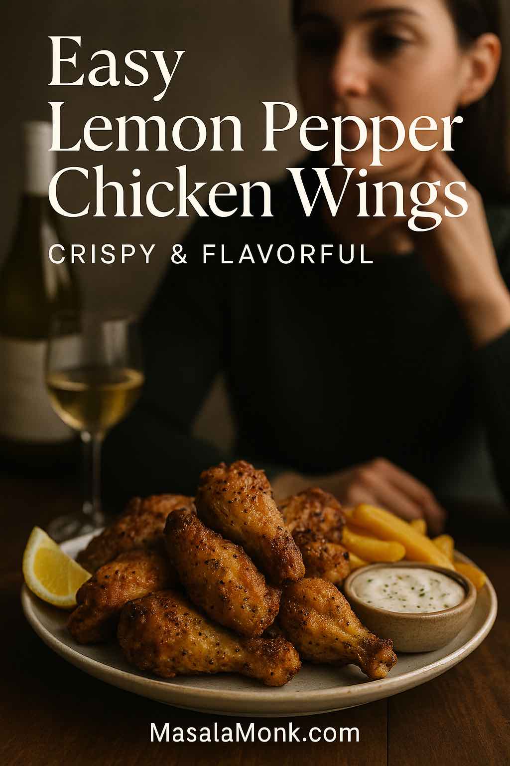 Easy lemon pepper chicken wings on a plate with fries and creamy dip, glass of white wine and a woman in the background, styled like a premium magazine cover with the title Easy Lemon Pepper Chicken Wings – Crispy & Flavorful.